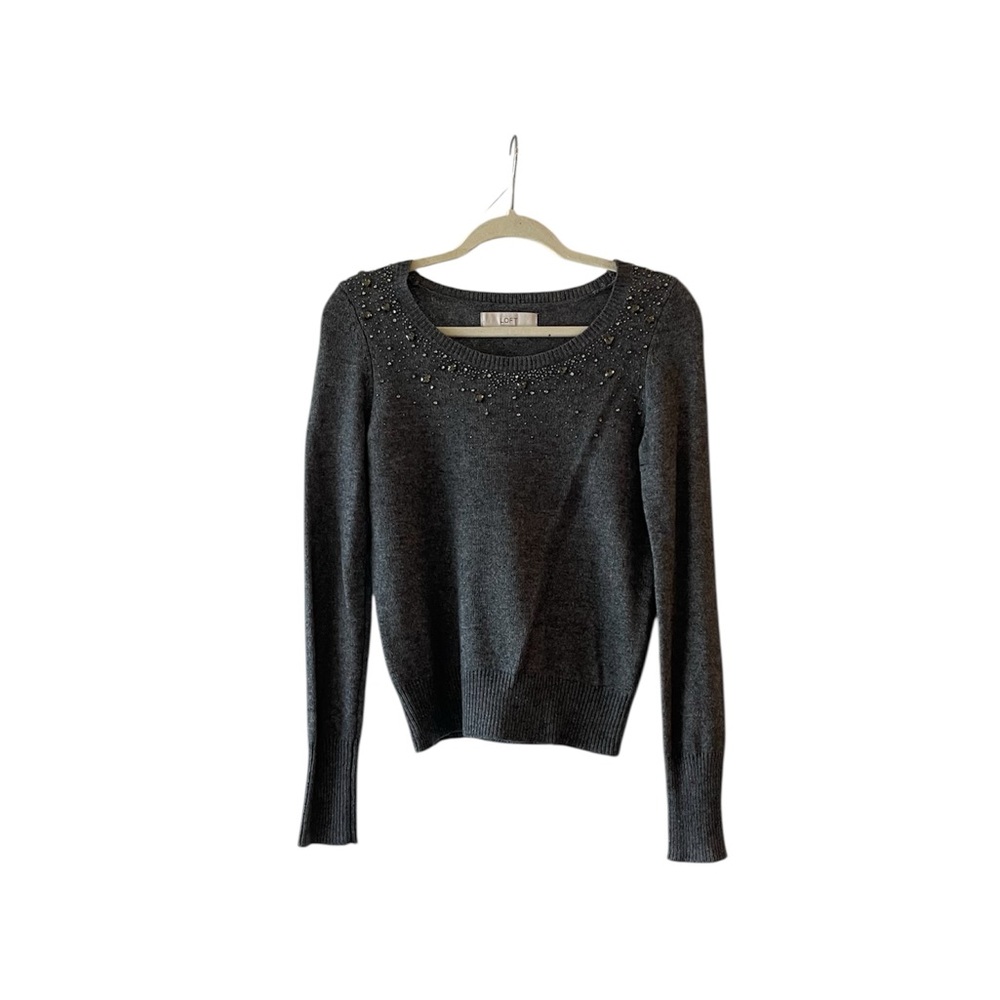 LOFT Embellished Crewneck Sweater in Charcoal Gray - Women’s Size S